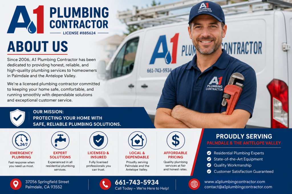 Licensed A1 Plumbing Contractor technician standing in front of service van in Palmdale California