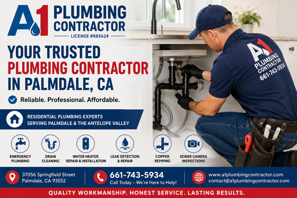Licensed plumber repairing residential plumbing under kitchen sink for A1 Plumbing Contractor in Palmdale, CA